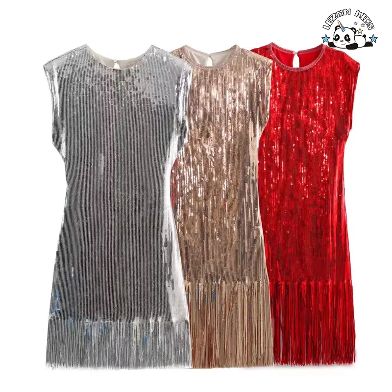 LEZONKIDS - Novo em 2024 Vestido Infantil Sem Manga de Verão com Lantejoulas e Franjas para Meninas